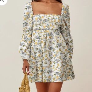 Floral Square Neck Puff-Sleeve Dress - Yellow & Green Print